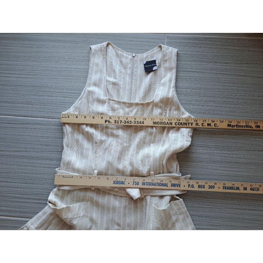 Maison Tara Beige Wide Leg Linen Bld Jumpsuit Belt Size 8 Sleeveless Striped - Picture 7 of 12